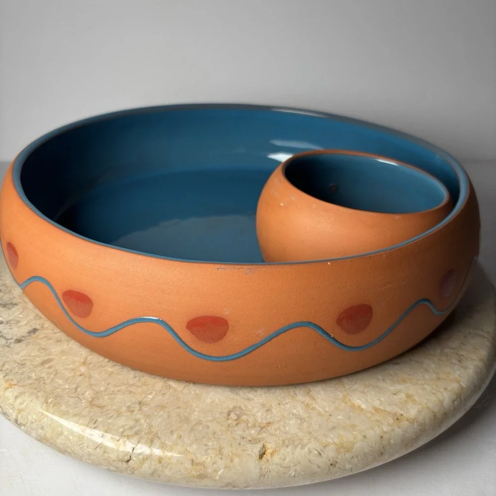 Terracotta Clay Chip And Dip Party Salsa Bowl Himark Portugal Pottery‎ Southwest